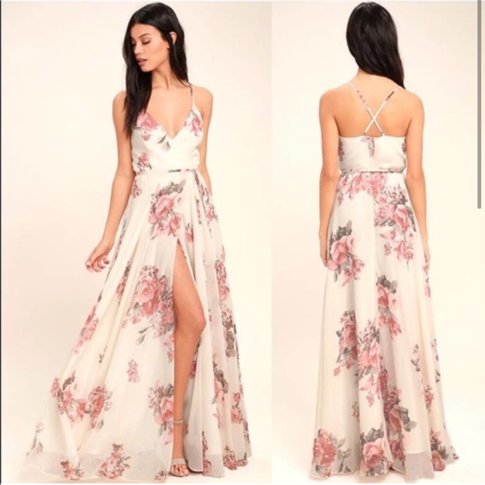 Lulus Elegantly Inclined Cream Floral Print Wrap Maxi Dress Small